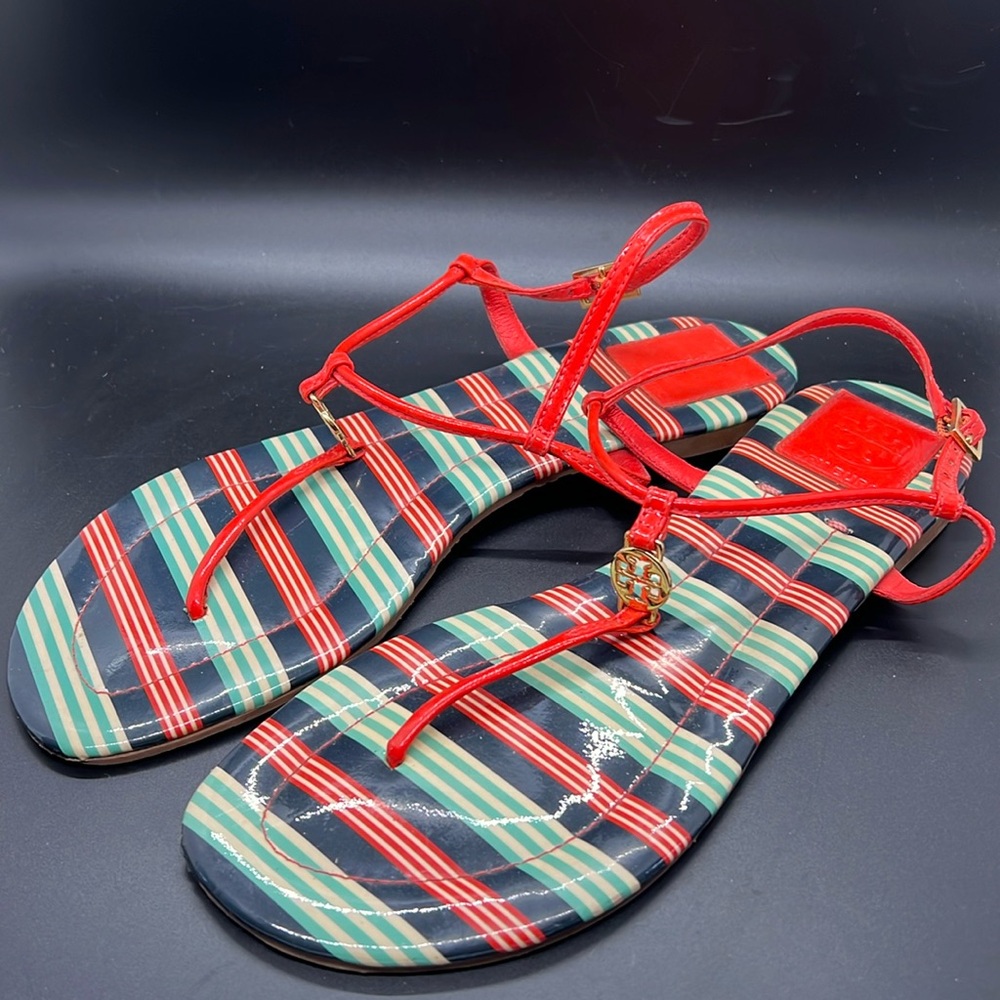 Tory Burch Emmy Habanero Stripe Ankle T Strap Buckle Logo Sandals, Sz 9